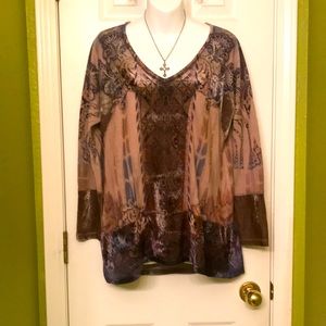 Earth toned cotton and velvet paisley shirt with v neck and full length sleeves.